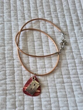 Tan Cord Necklace with Wood Grain Guitar Pick and Silver Cassette Charm